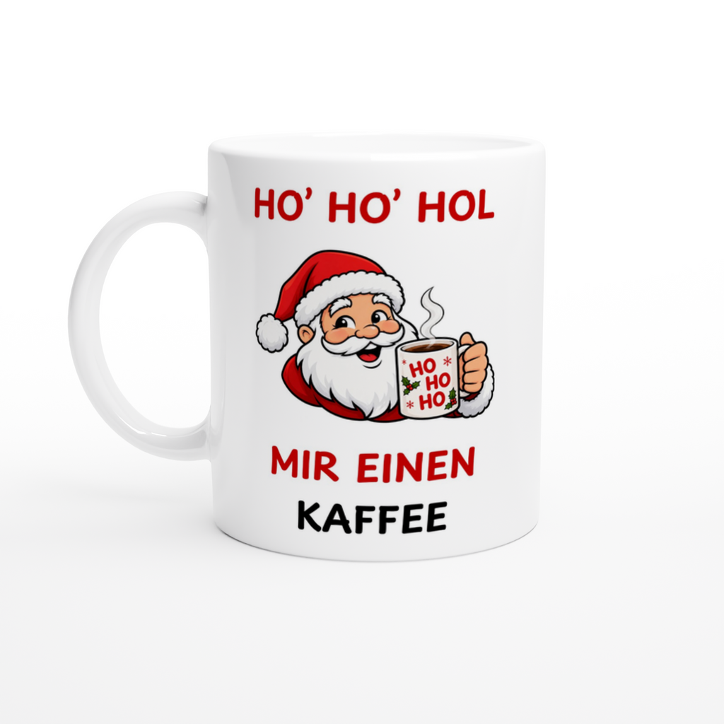 Keramiktasse mit Spruch: Ho Ho Hol mir einen Kaffee – Weihnachtsmann mit Kaffeebecher (Ansicht 3)