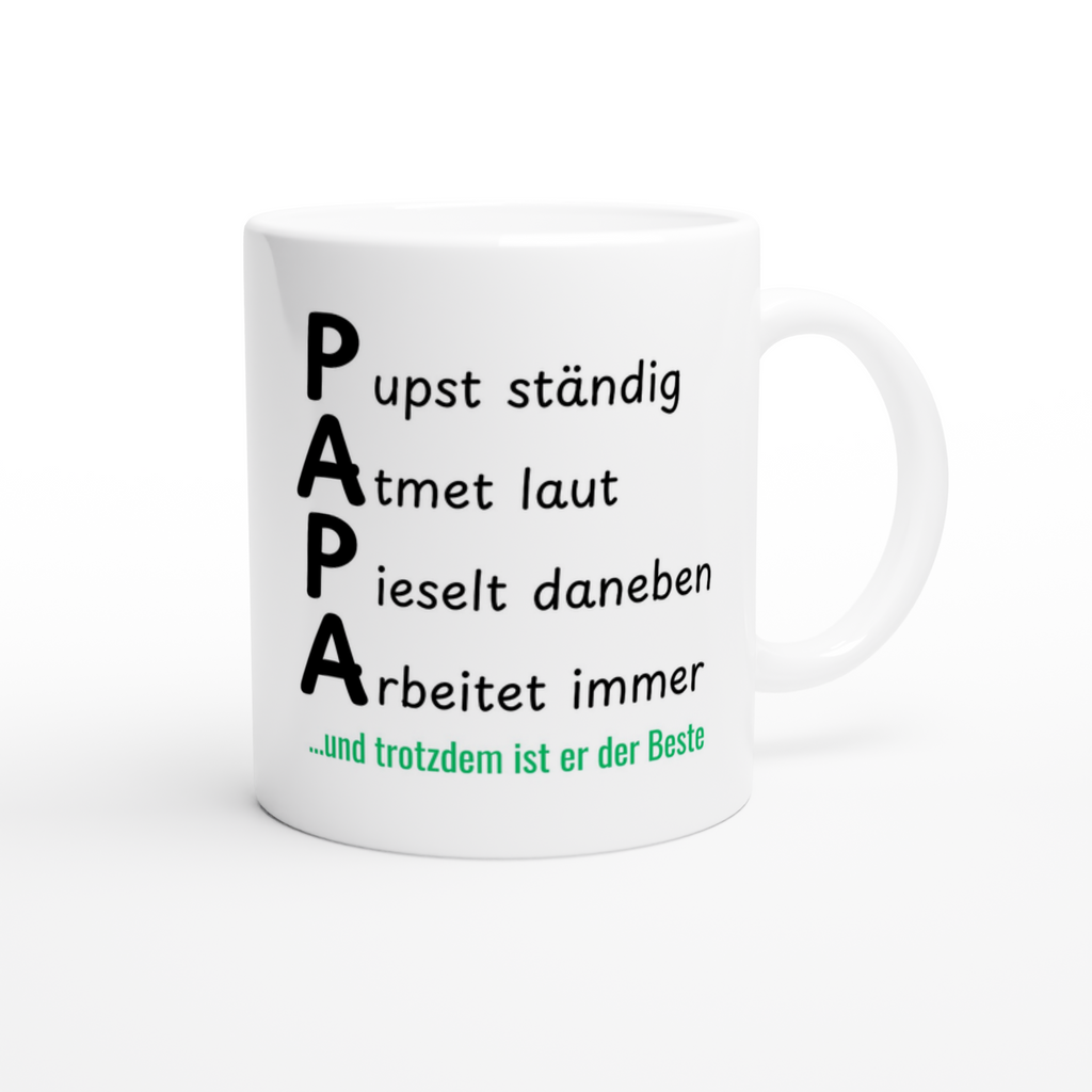 Keramiktasse mit Spruch: Papa pupst ständig, pieselt daneben