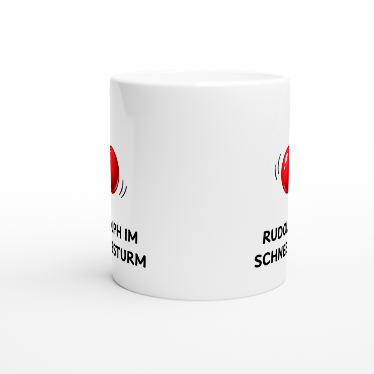 Keramiktasse mit Spruch: Rudolph im Schneesturm – rote Rentiernase (Ansicht 3)