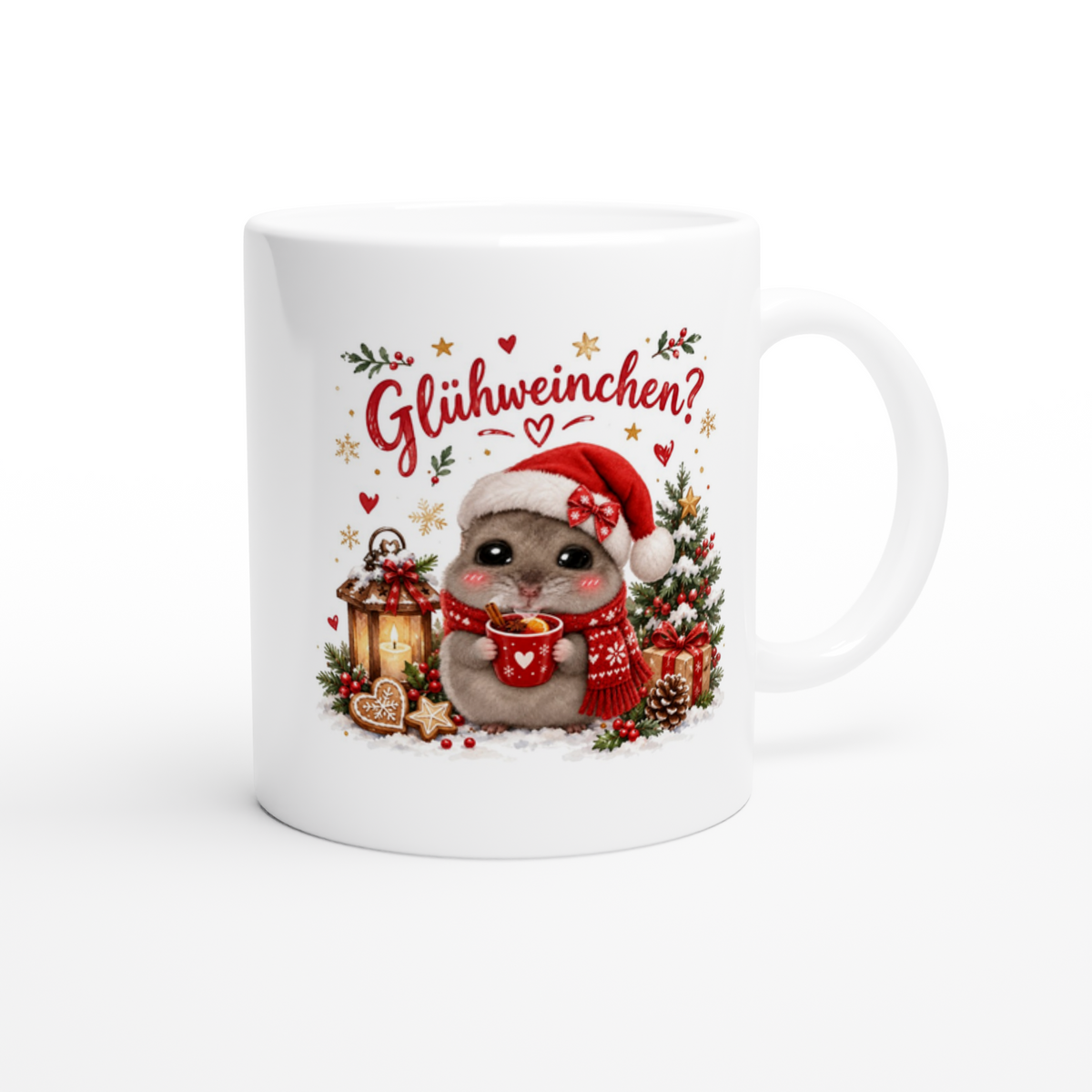 Keramiktasse mit Spruch: Glühweinchen? – Hamster mit Weihnachtsmütze und Glühwein