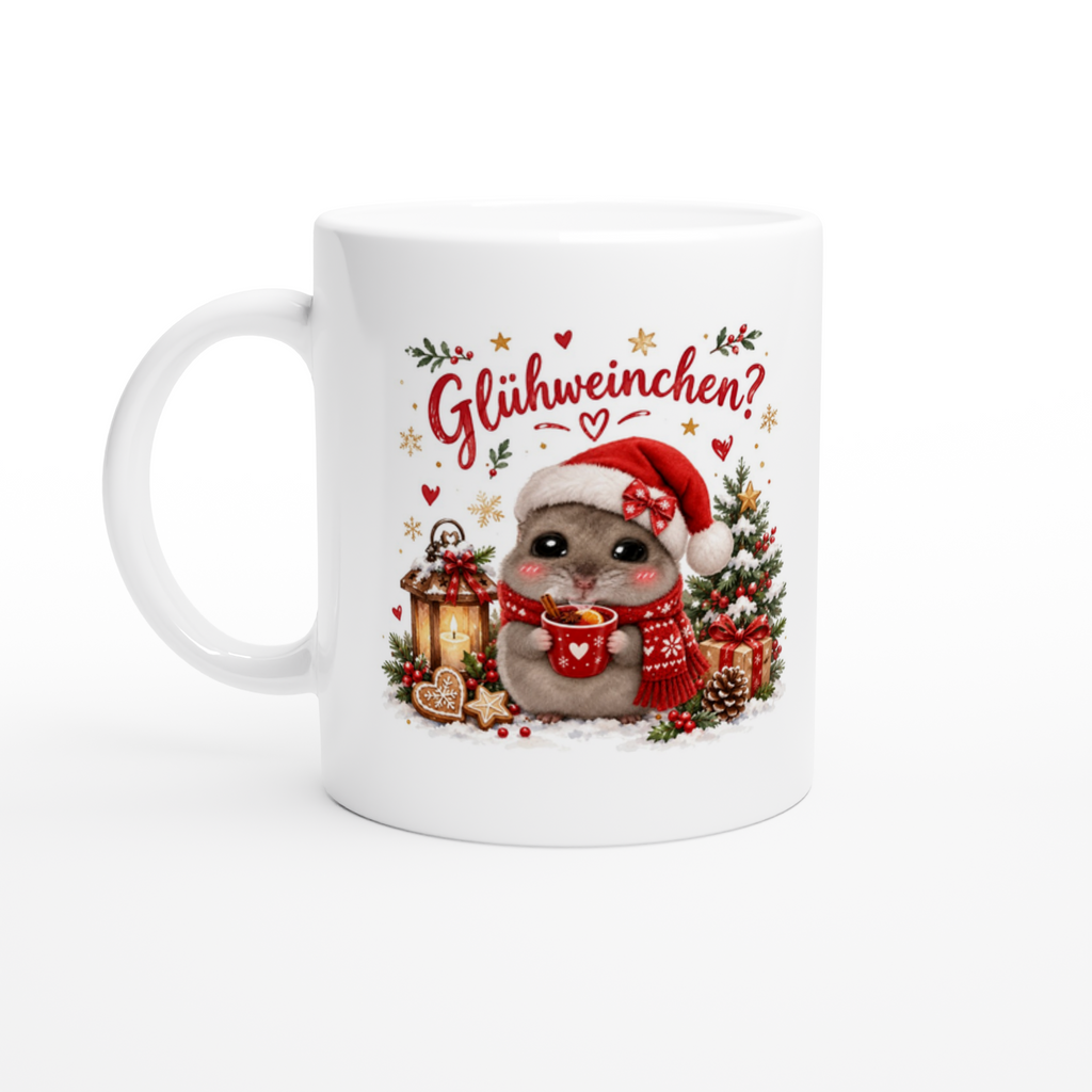 Keramiktasse mit Spruch: Glühweinchen? – Hamster mit Weihnachtsmütze und Glühwein (Ansicht 2)