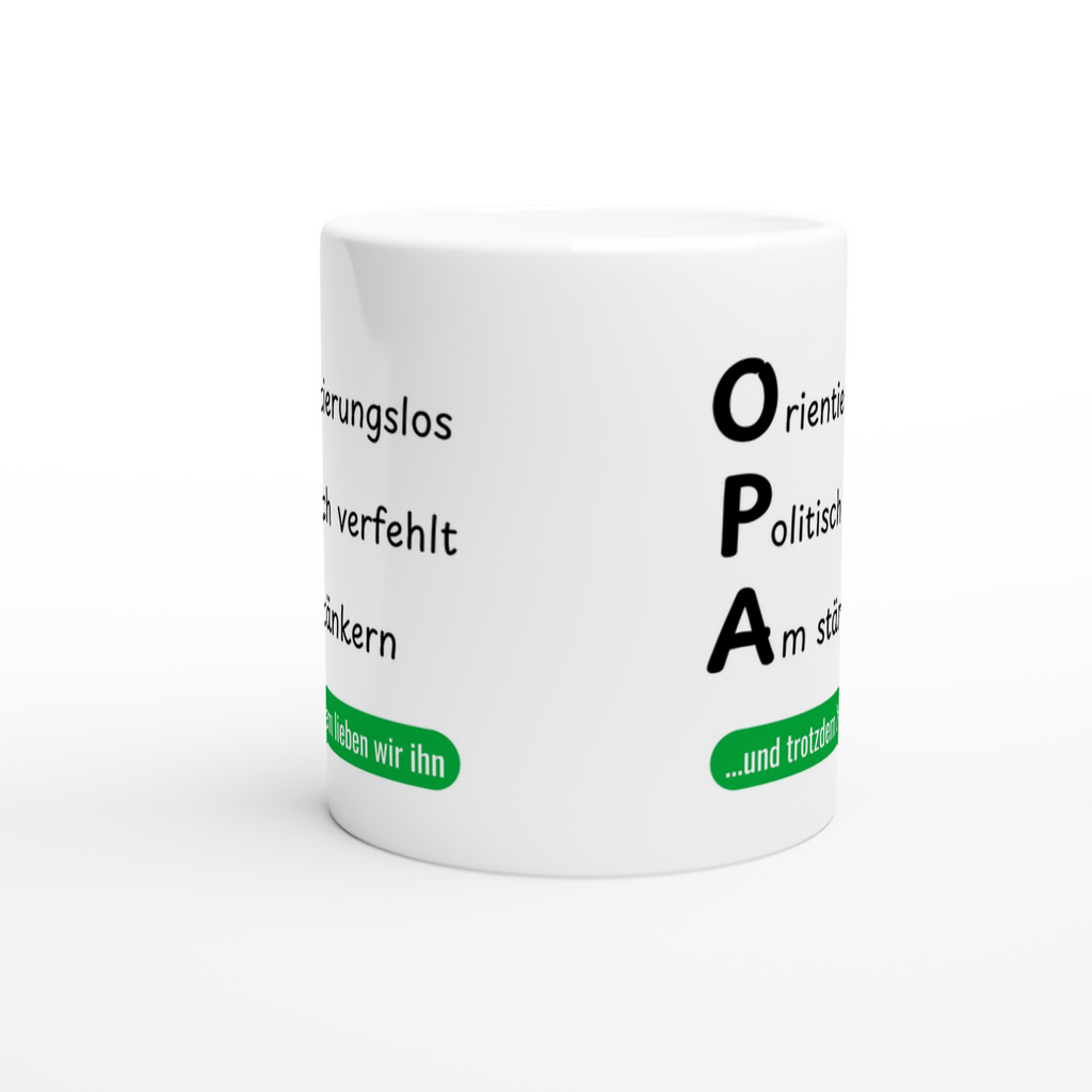 Keramiktasse mit Spruch: Opa orientierungslos, politisch verfehlt, am Stänkern – Ansicht 2
