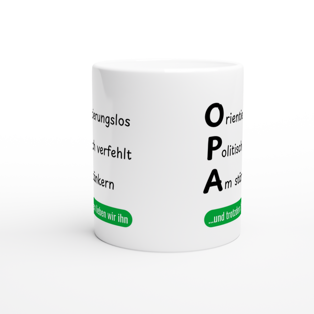 Keramiktasse mit Spruch: Opa orientierungslos, politisch verfehlt, am Stänkern – Ansicht 2