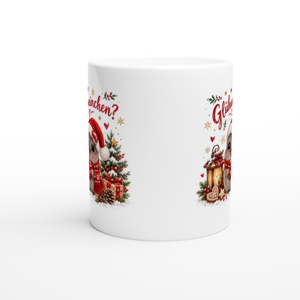 Keramiktasse mit Spruch: Glühweinchen? – Hamster mit Weihnachtsmütze und Glühwein (Ansicht 3)