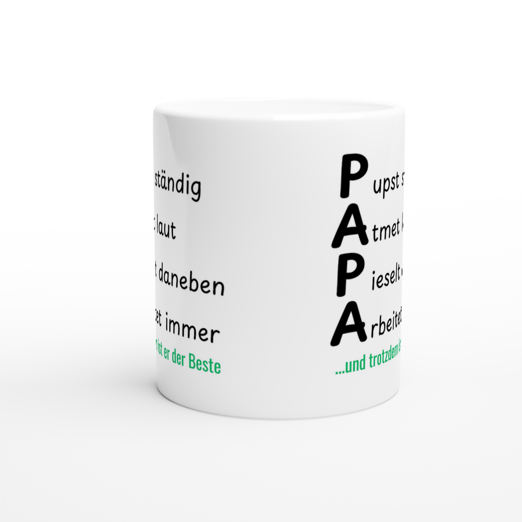 Keramiktasse mit Spruch: Papa pupst ständig, pieselt daneben – Ansicht 2
