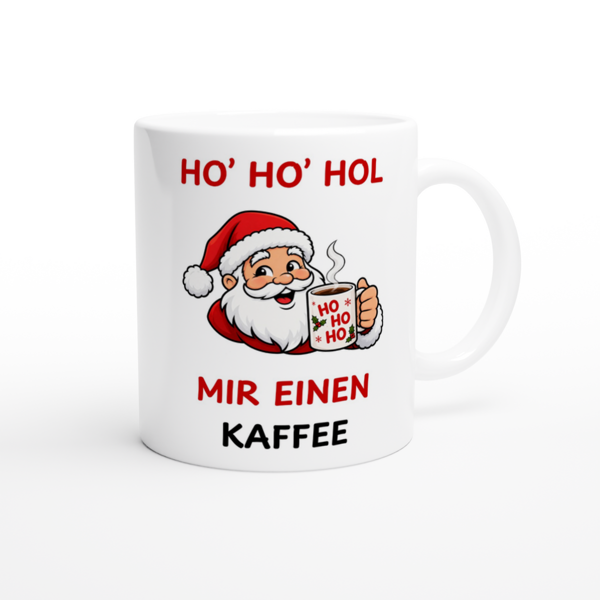Keramiktasse mit Spruch: Ho Ho Hol mir einen Kaffee – Weihnachtsmann mit Kaffeebecher
