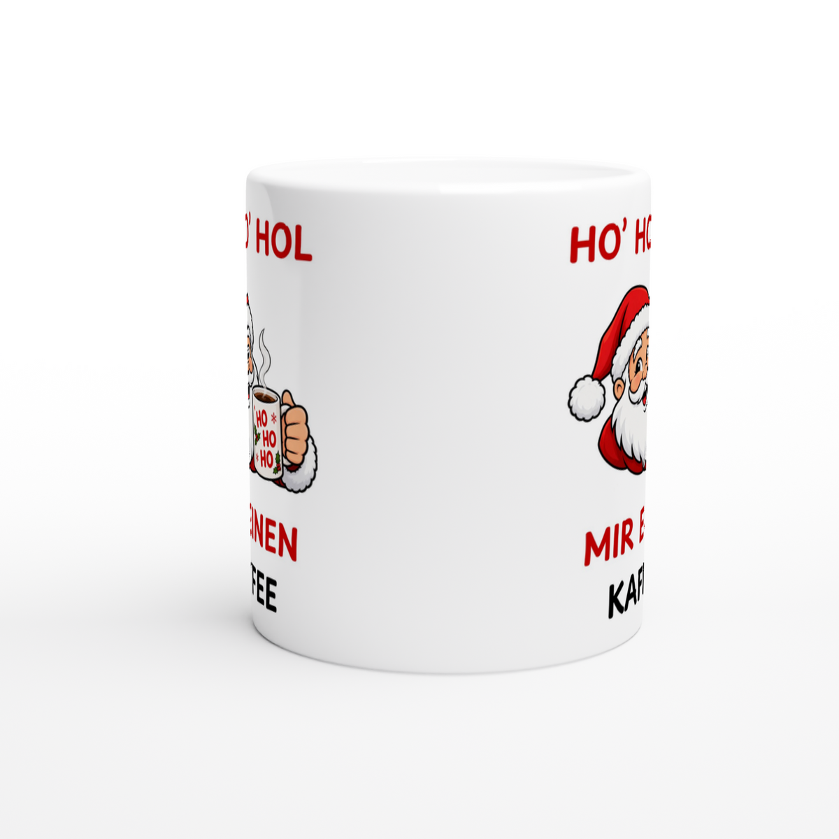 Keramiktasse mit Spruch: Ho Ho Hol mir einen Kaffee – Weihnachtsmann mit Kaffeebecher (Ansicht 2)
