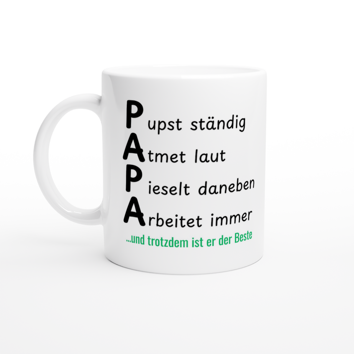 Keramiktasse mit Spruch: Papa pupst ständig, pieselt daneben – Ansicht 3