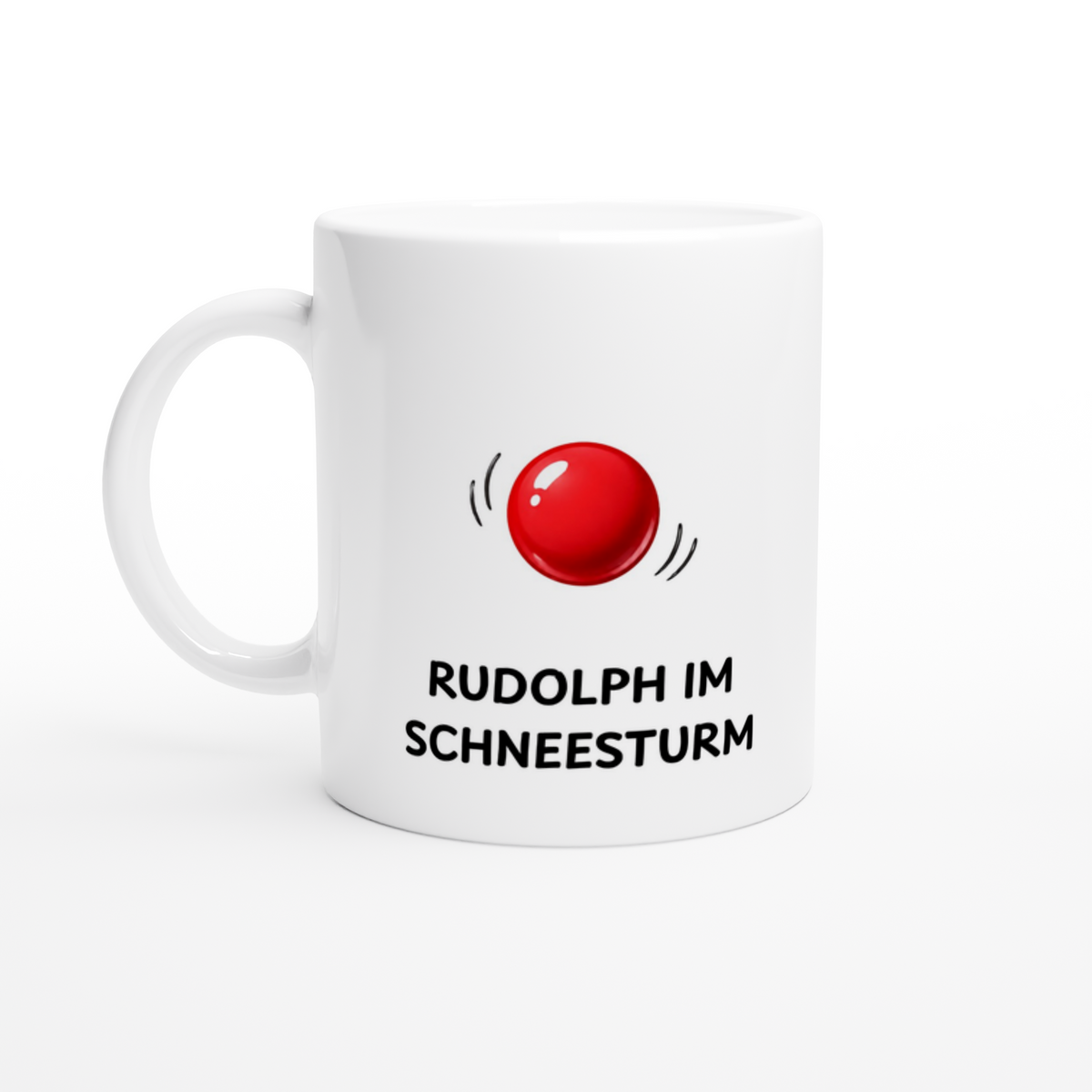 Keramiktasse mit Spruch: Rudolph im Schneesturm – rote Rentiernase (Ansicht 2)